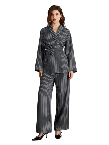 Women's 2 Piece Outfits Striped Belted Open Front Blazer and Pants Work Office Set - Main Image