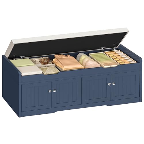 Image of TEENFON 3-Tier Storage Bench, 47.2 inch Wide Shoe Bench with Lift Top Storage & 2 Adjustable Shelves, Entryway Bench with Padded Seat Cushion, Shoe Cabinet Bench for Entryway, Living Room, Bedroom (Blue)