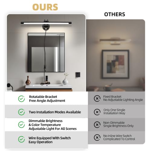 Image of Plug in LED Light Panels Bar 24 inch Vanity Lights Matte Black Bathroom Vanity Light Rotatable Head Bathroom Lighting Fixtures Over Mirror 3CCT Dimmable Wall Sconce Picture Lamp