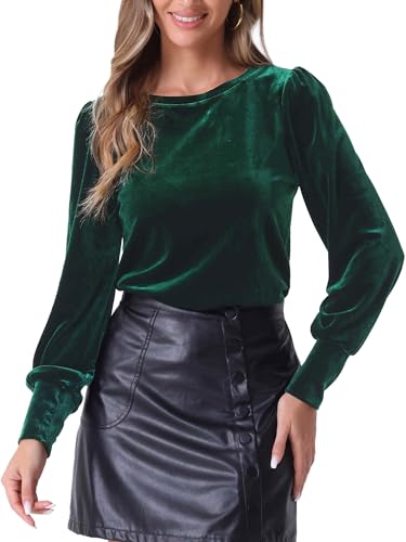 Allegra K Velvet Blouse for Women Round Neck Puff Long Sleeve Casual Pullover Fall Winter Blouses Top Large Dark Green