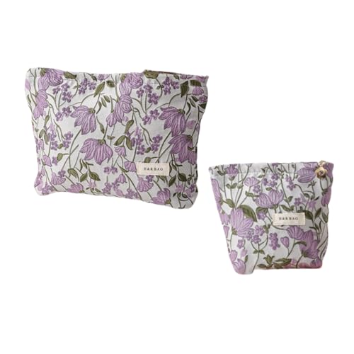 Tumecos 刺繍、化粧品袋、旅行用収納ボックス、トイレタリーバッグ、大容量、軽量、ポータブル、手持ち、レディース、多機能、ファッショナブル、高級、ラミー、綿麻、植物、キャンバス、口紅、スキンケア製品、アクセサリー、大きな開口部、組み合わせ、甘い、新鮮、小物収納- 2個セット(パープル)