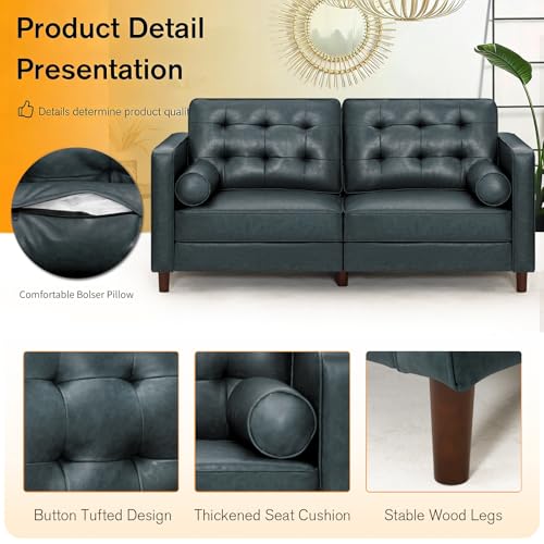 Image of 67 inch Premium Faux Leather 2-Seater Sofa with 2 Bolster Pillows and Tufted Backrest, Mid-Century Modern Loveseat Sofa, Luxury Couch for Living Room, Bedroom, Office, Blue