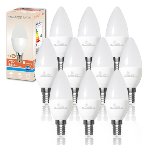 LED ATOMANT Pack 10x Bombilla LED E14 Vela C37 9W, Color Blanco Frio, 950 Lumenes, Casquillo fino, Equivalente a 80W tradicional