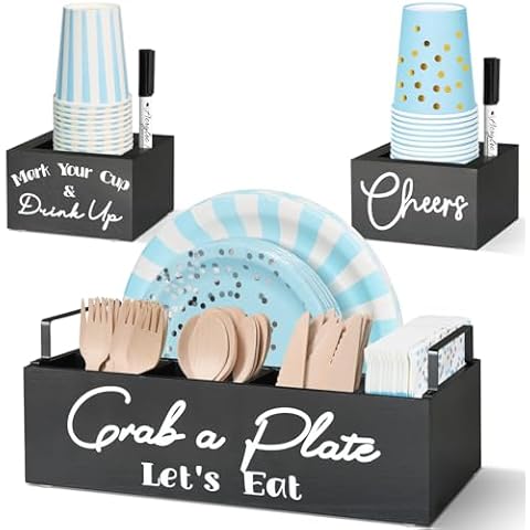 Paper Plate Holders with 2 Cup Holders and 2 Markers, Wood Utensil Holder for Party, Kitchen Paper Plate Dispenser for Counter, Disposable Plate Organizer, Silverware Holder for Cup, Plate, Napkin Cover