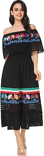 Image of YZXDORWJ Women Embroidered Mexican Peasant Casual Sexy Lace Off-Shoulder Long Dress