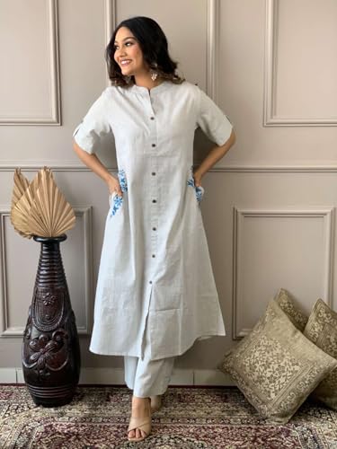 Image of Women's Cotton Embroiderd Long A-Line Kurti with Palazzo