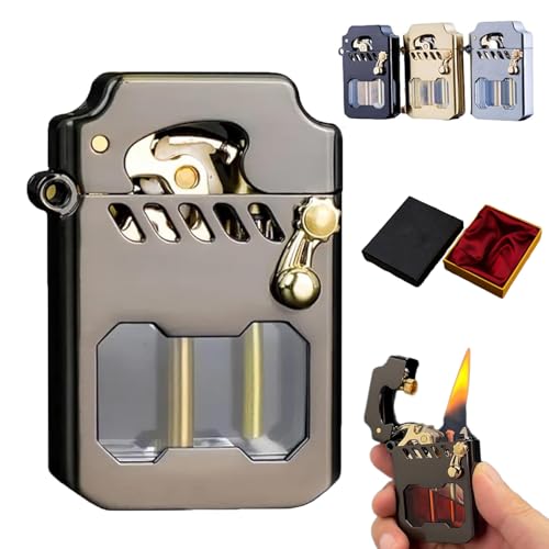 Mechero De Queroseno con Balancín De Metal Mecha, Encendedor De Queroseno con Balancín De Metal Transparente Retro con Tanque De Aceite (Negro)