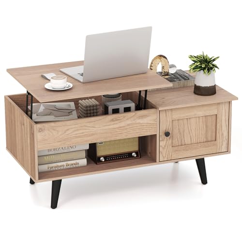 Table basse relevable gain de place pour ranger le salon, meuble industriel naturel - 2
