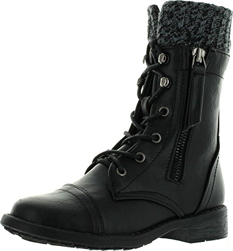 JJF Shoes Justina58k Kids Leatherette Sweater Cuff Lace Up Zip Decor Mid Calf Ankle Combat Boots