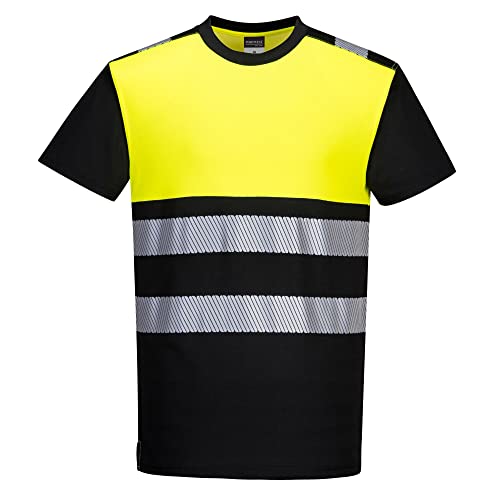 Portwest PW311 Men's PW3 Hi-Vis Reflective Cotton Comfort Class 1 Short Sleeve Safety T-Shirt Black/Yellow, XS