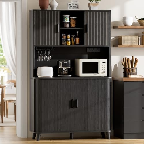 Image of Lulive 71 inch Tall Pantry Cabinet with Rolling & Sliding Doors, 39 inch Wide Kitchen Storage Cabinet with Charging Station and Open Countertop, Modern Kitchen Pantry Cabinet for Dining Room, Black
