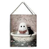MIOOKISS Funny Halloween Bathroom Decor, Cute Halloween Decorations Indoor, Spooky Halloween Wall Art Wooden Hanging Sign, Ghost Black Cat Farmhouse Wood Block Plaque Sign Decor for Home Bathroom