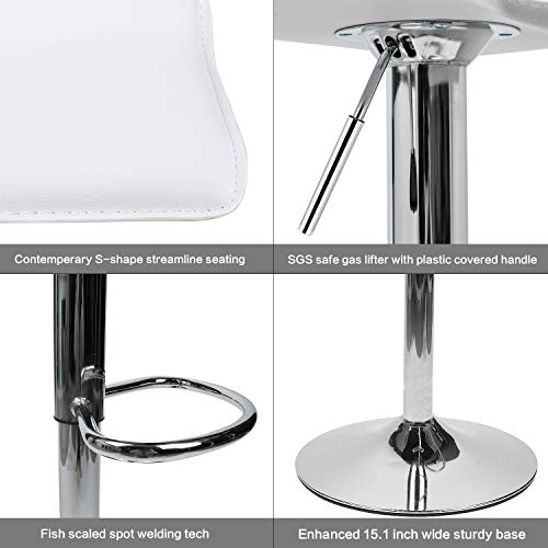 Set Of 2 Barstool, Adjustable Swivel Bar Stools With Pu Leather And Chrome Base, Gaslift Pub Counter Chairs,White #TOP4
