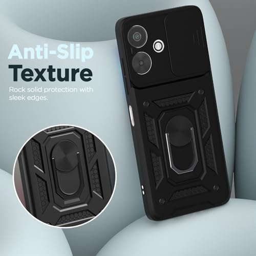 Image of Outlouders Back Cover for Redmi 13C 5G / Poco M6 5G | D10 Tough Armor 360 Protection Case with Sliding Camera Shield & Ring Holder Stand Bumper Case (Black)