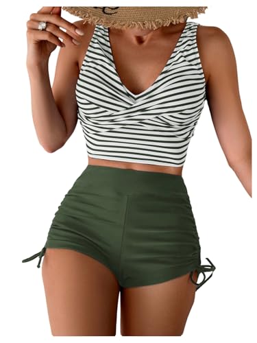 SOLY HUX Women's Tankini Swimsuits Striped Twist Swim Tops and Drawstring Shorts Two Piece Bathing Suit