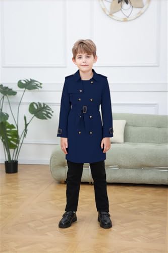 Betusline Boys Waterproof Trench Coat Double Breasted Classic Belted Outwear Rain Jacket4