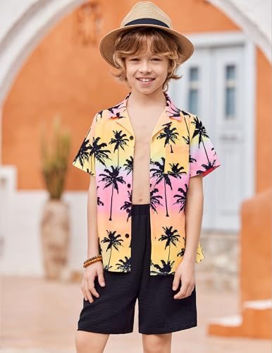 Image of Arshiner Boys 2 Pieces Summer Beach Outfits Short Sleeve Button Down Shirts and Shorts Vacation Texture Sets for Kids