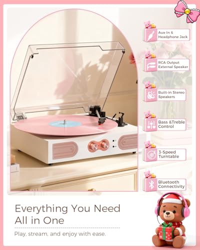 Image of Vinyl Record Player, White & Rose Gold, Built-in Speakers, 3-Speed Belt-Drive Turntable for Beginners, Easy Setup, Vintage Style Record Player Gift