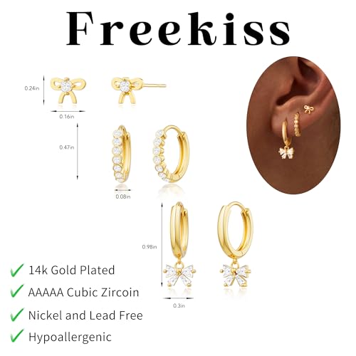 Image of Freekiss 3 Pairs Gold Hoop Earrings Set: Dainty Stud Earrings Trendy Small 14K Gold Plated Hypoallergenic Dangle Cartilage Huggie Hoop Earrings for Women Gold Jewelry for Women Gifts