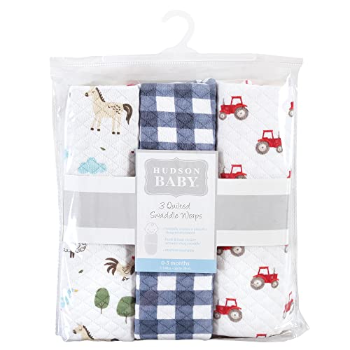 Image of Hudson Baby Unisex Baby Quilted Cotton Swaddle Wrap 3pk, Boy Farm Animals, 0-3 Months