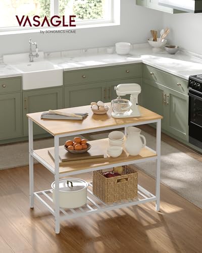 Image of VASAGLE Kitchen Island with 3 Shelves, 39.4 Inches Width Kitchen Shelf with Large Worktop, Stable Steel Structure, Industrial, Easy to Assemble, Oak Color and White UKKI005W09