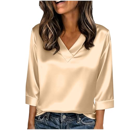 Generisch Suéter casual de satén de manga corta con cuello redondo de color liso para los días de verano, beige, S