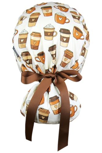 Image of Scrub Cap for Women and Men, Ponytail Scrub Caps, Working Hat, Head Cover with Ribbon Ties and Buttons, Long Hair