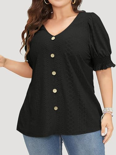 Beautife Womens Plus Size Tunic Tops V Neck Short Puff Sleeve Tops Casual Summer Eyelet Blouses3