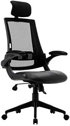 KADIRYA High Back Ergonomic Mesh Office Chair with Leather Seat Flip-up Armrests 90°-110°Tilt Lock Adjustable Back Lumbar Support Computer Desk Task Executive Chair,Black A(BIFMA Certified)