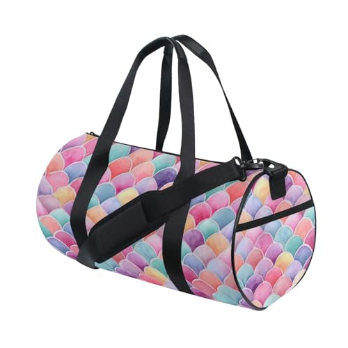 Colorful Fish Scales Sports Duffel Bag Full Print Barrel Gym Bag with Side Zipper Pocket and Inner Compartment, Durable Lightweight Fabric for Sports, Training, Travel and Outdoor Use3