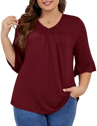 Micoson Plus Size Wine Red Tops for Women Casual V Neck Ruffle Bell Sleeve Blouses Loose Fit Summer Casual Tunics,Burgundy XL by Micoson - Used condition - Image 4