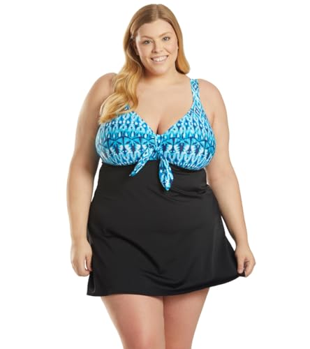 Sporti Women's Plus Size Swim Dress Swimsuit - Blue Ikat/Black - 24W