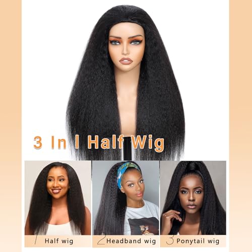 Kinky Straight Half Wig Human Hair 3 In 1 Seamless Flip Over Half Wigs for Black Women Ready to Go Headband Wig 180% Density Drawstring Kinky Curly Half Wig Glueless Natural Black 22 Inch