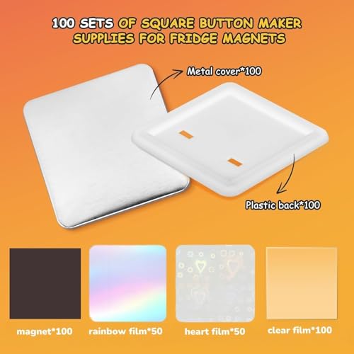 Kühlschrankmagnet-Button-Set 50 mm × 50 mm, 100 Stück quadratische Kühlschrankmagnet-Aufkleber, Button Maker mit Metallgehäuse, Kunststoffrückseite, weichem Magneten und Regenbogenfolie