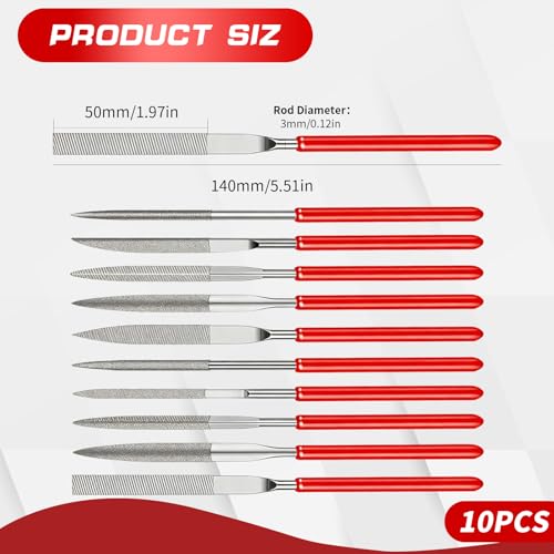 10 Stück Mini Diament Nadelfeilen Set, 3mmx140mm Kleine Diamond Files 10 Modelle Fein Feilenset von 3D Drucker Zubehör Mini Feilen Set zum Feilen von Holz Schmuck Metall Kunststoff Modellbau