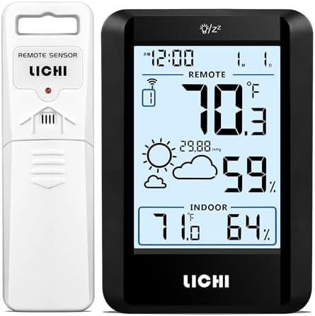 Indoor Outdoor Thermometer Wireless Weather Station External Thermometer Hygrometer Monitor with 330ft Range Remote Sensor, Battery Operated Backlit Display (Black)
