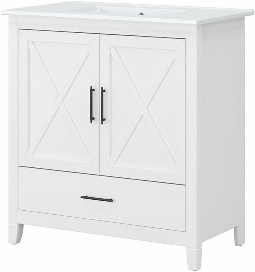 Pemberly Row 32" Engineered Wood Bathroom Vanity with Sink, White Ash Finish, Ceramic Basin, Wall-Mounted Design, Built-in Storage Drawer with Cabinet, Farmhouse Style Bathroom Furniture