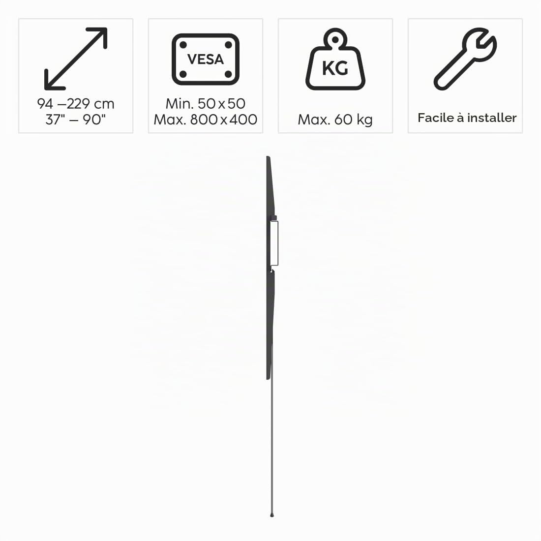 Hama Support Mural TV Fixe Garantie 10ans (TV 37" à 90", 229cm et 60Kg Max, Faible Distance au Mur 2.5cm, VESA jusqu'à 800 x 400, Chevilles Fisher) Noir