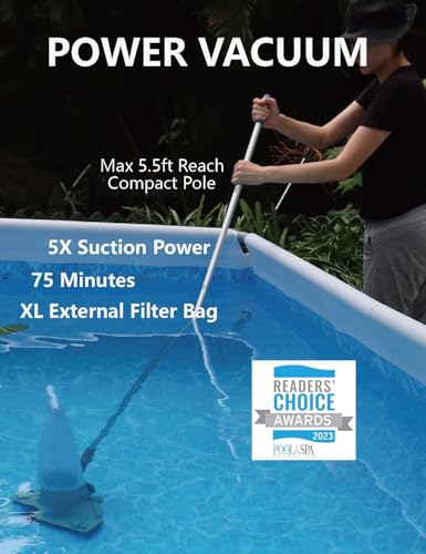 KOKIDO Rechargeable Medium Duty Pool Leaf Vacuum Cleaner with Pole, Runs 75-Mins, for Pool Closing, Oversized Debris Filter, for Debris and Leaves < 6 inches, for Inground and Above Ground Pools XV410