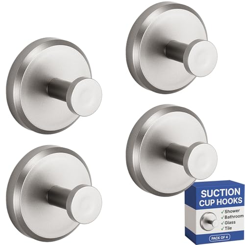 Image of HOME SO Suction Cup Hooks for Shower & Bathroom Towel Holder 4-Pack - Suction Cups Hooks for Hanging Towels, Robes, & Coats - Tiles, Glass Door or Mirror - Shower Hooks & Towel Hooks Organizer -Nickel