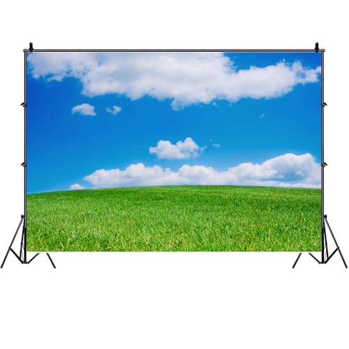 Fondo fotográfico verde 7x5 pies con nubes blancas y cielo azul miniatura 3