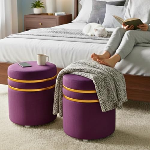 Image of Decorative Ottoman Pouffes for Sitting - Two-Piece Set of Puffy Stools and Footstools - Round Ottoman Stool for Living Room Furniture (Purple)