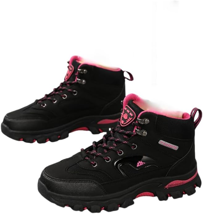 Women's Versatile All-Season Hiking Boots - Breathable, Non-Slip Traction Sole, Lace-Up Outdoor Sports Shoes in Black & Pink with Rubber Sole for Trekking & Mountaineering