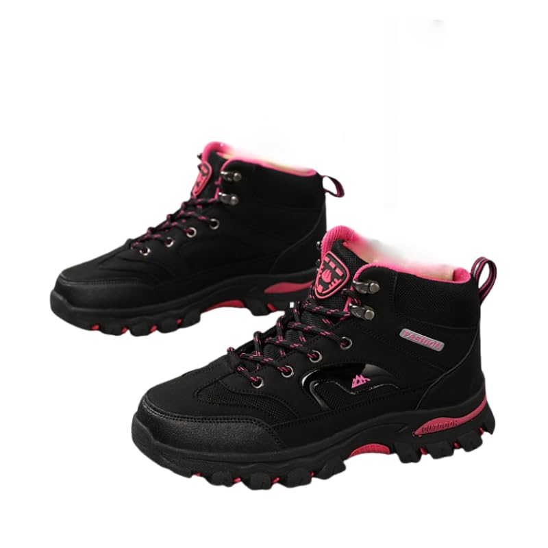 Womens Versatile All-Season Hiking Boots - Breathable Non-Slip Traction Sole Lace-Up Outdoor Sports Shoes in Black Pink with