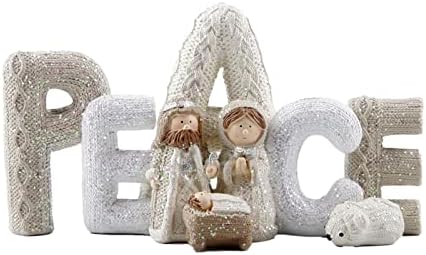 Wood.L Nativity Scenes, Nativity Resin Decoration, Manger Jesus Nativity Scene Figures with Letters PEACE, Christmas Desk Home Decorations, 10.633.355.51 in, White