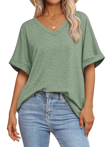 Image of ATHMILE Womens Oversized T Shirts Loose Fit V Neck Short Sleeve Summer Casual Blouse 2025 Y2K Tee Tops
