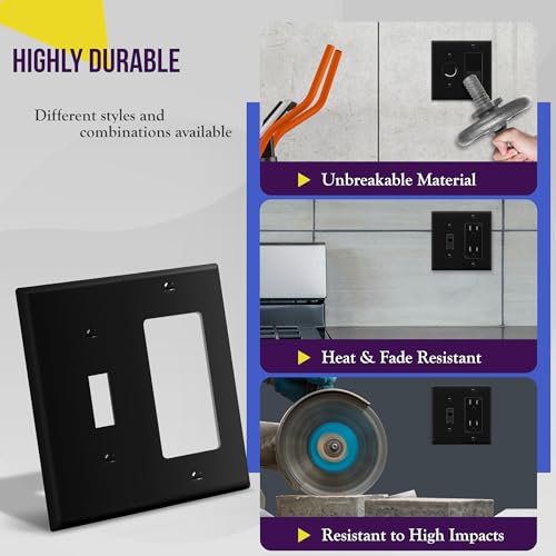 Image of ENERLITES Combination Toggle Light Switch /Decorator Light Switch Plate, Double Switch Wall Plate, Standard Size 2-Gang 4.50 inch x 4.57 inch, Polycarbonate Thermoplastic, 881131-BK, Black, 2 Pack