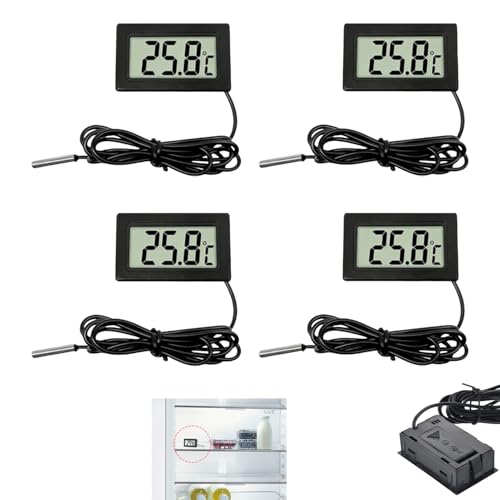 Lot de 4 Thermomètre Numérique LCD avec Sonde Externe, Mini Thermomètre pour Réfrigérateur Congélateur, Aquarium, Reptile, Vitrine Réfrigérée,...