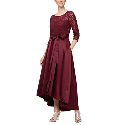 Alex Evenings Women's Satin Ballgown Formal Event Dress with Pockets and Tie Belt (Petite and Regular Sizes), Wine, 14