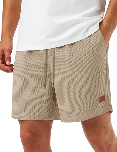TACVASEN Men's Casual Shorts Stretch Drawstring Summer Beach Vacation Shorts Lightweight Knit Waffle Shorts with Pockets Khaki